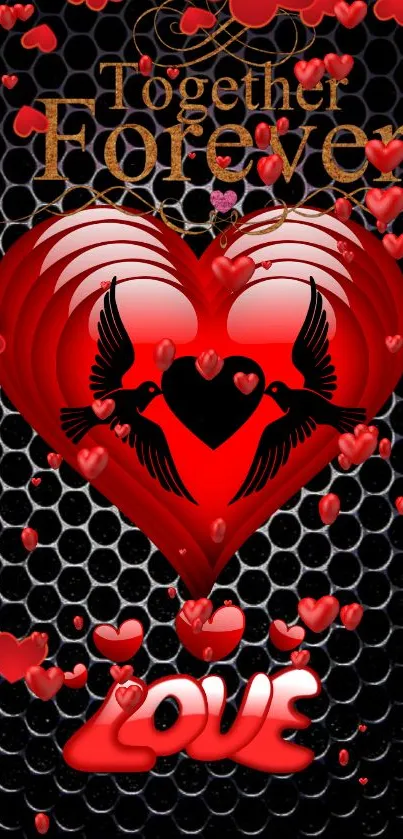 Romantic red heart wallpaper with birds and love message.