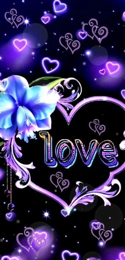 Romantic heart love wallpaper with purple and blue accents.