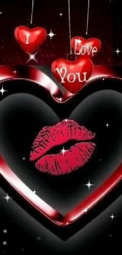 Romantic wallpaper with heart and red lips expressing love.