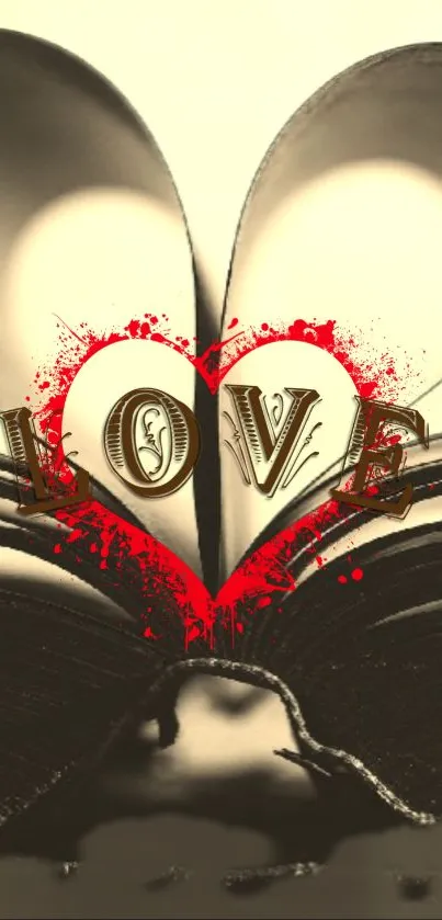Heart shape from book pages with love text.