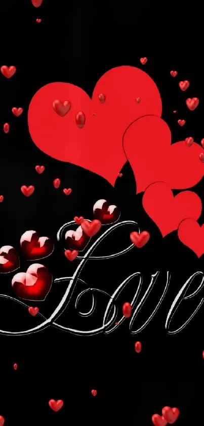 Romantic mobile wallpaper with red hearts on a black background displaying 'Love'.