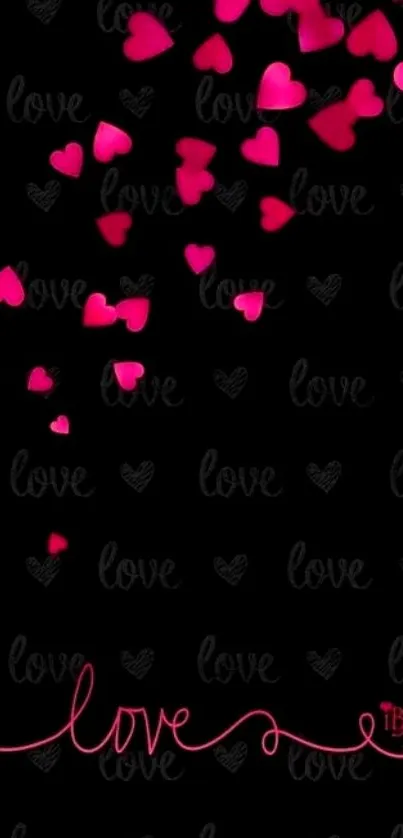 Pink hearts cascade on black love-themed wallpaper.