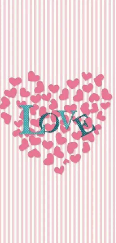 Romantic wallpaper with pink hearts and love text on a striped background.