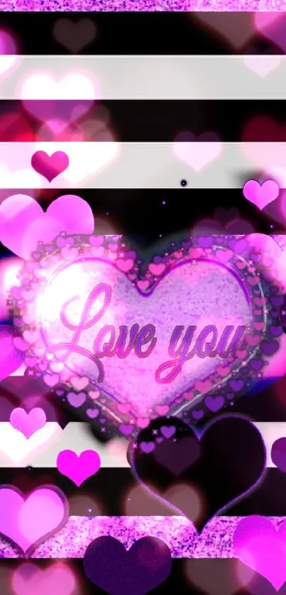 Pink and purple hearts with Love you text on stripes.