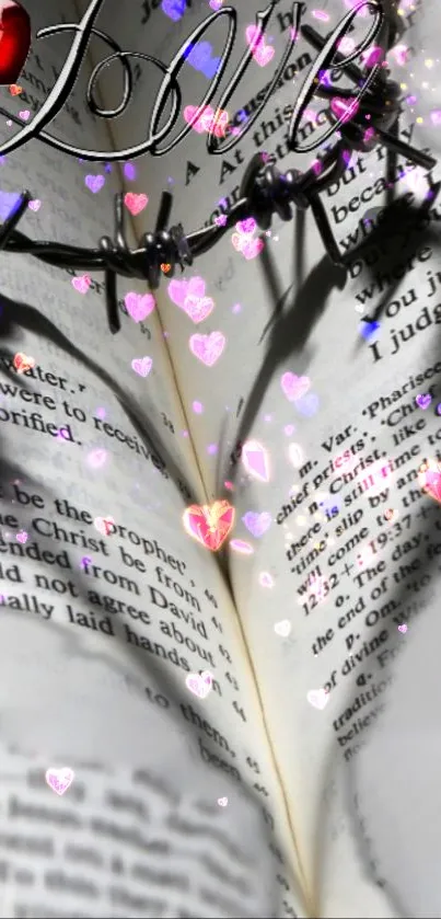 Romantic wallpaper featuring hearts and love text on a book background.