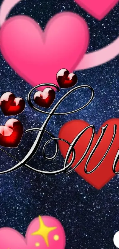 Romantic wallpaper with hearts and love text on a starry background.