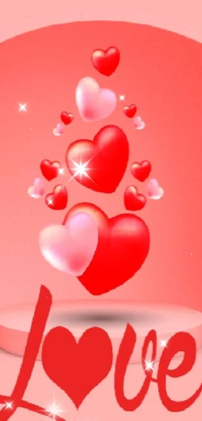Romantic wallpaper with red and pink hearts and love text.