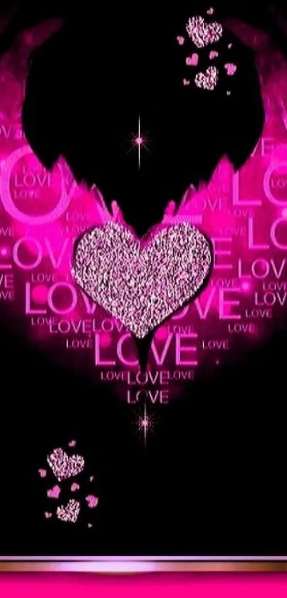 Pink heart wallpaper with love text design.