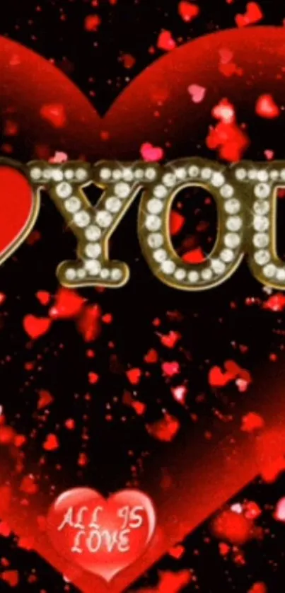 Romantic red heart wallpaper with 'Love You' in glittering letters.