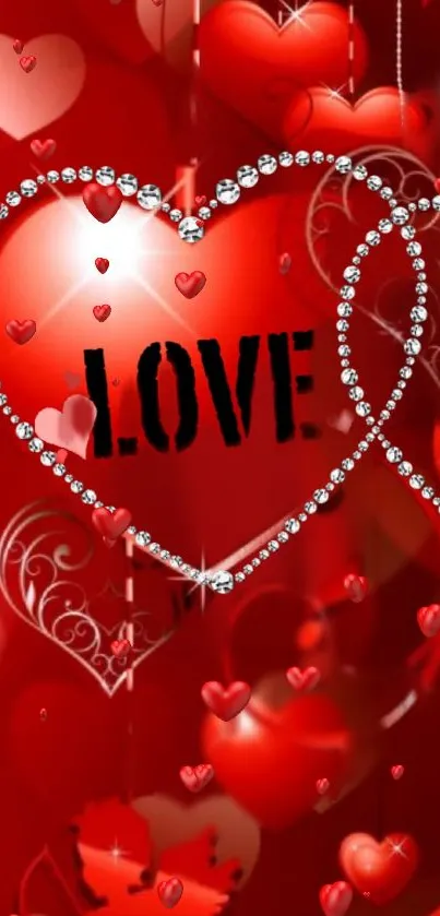 Romantic love heart wallpaper with red and diamond accents.