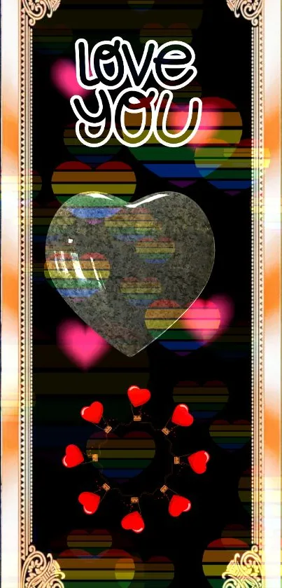 Heart-shaped wallpaper with colorful lights and 'Love You' message.