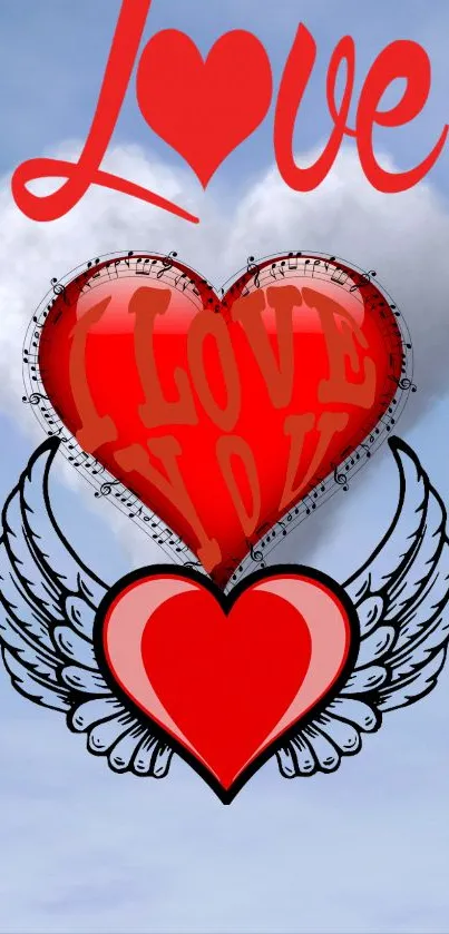 Red heart with wings and love text on cloudy background.