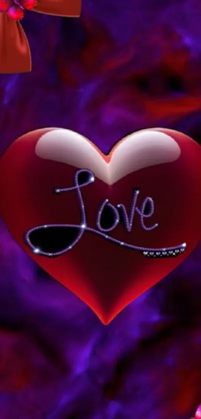 Red heart with 'Love' on purple background