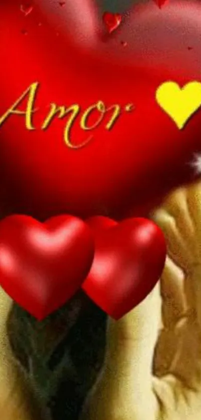 Vibrant wallpaper with hearts and 'Amor' text.