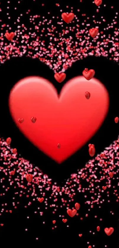 Red heart with pink particles on black background.