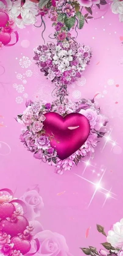 Romantic floral heart on pink background wallpaper.