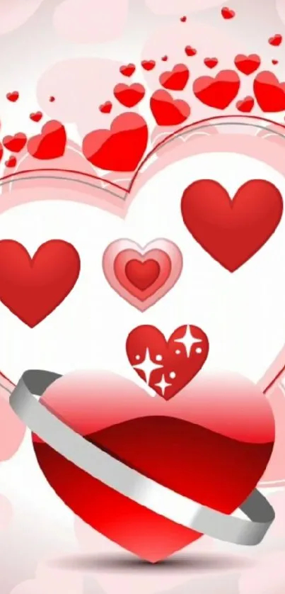 Heart-themed wallpaper with red and pink hearts.