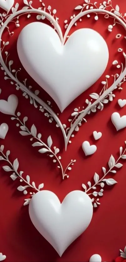 Romantic wallpaper with white hearts on red.
