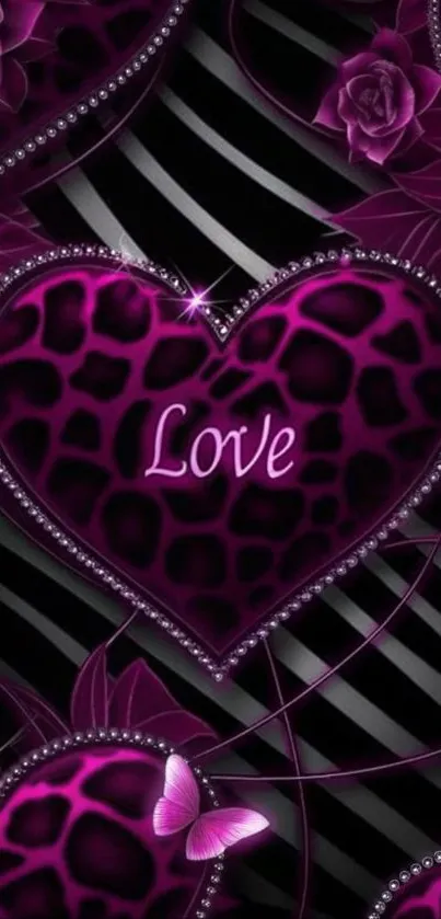 Pink leopard heart wallpaper with love text, roses, and butterflies.