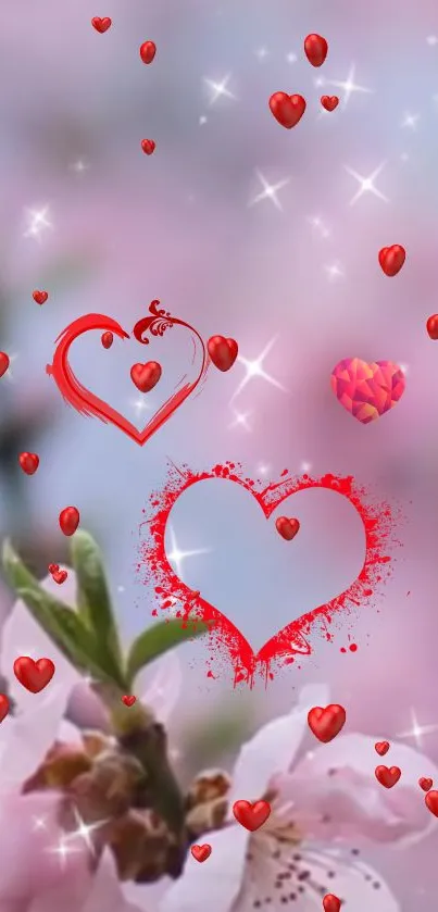 Romantic mobile wallpaper with red hearts and pink blossoms.