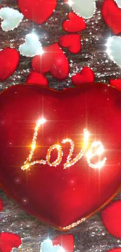 Red heart wallpaper with 'Love' glowing.