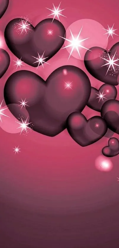 Romantic mobile wallpaper with glossy hearts on pink background.