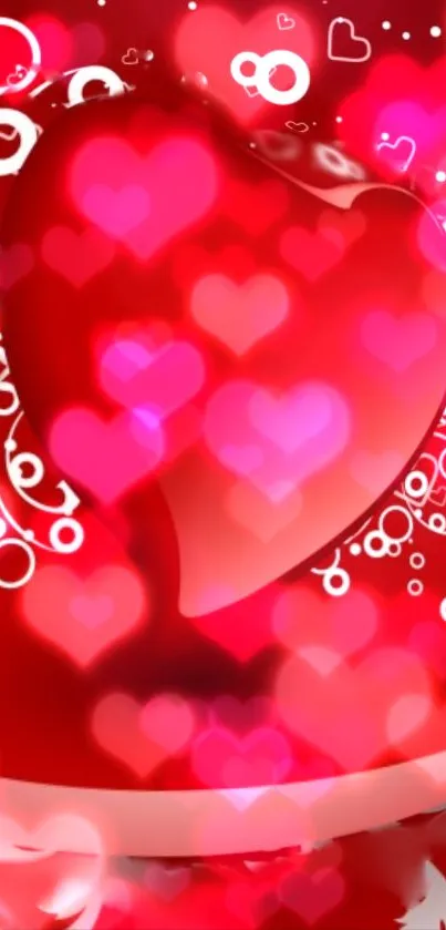 Romantic heart mobile wallpaper with glowing red hearts and artistic swirls.