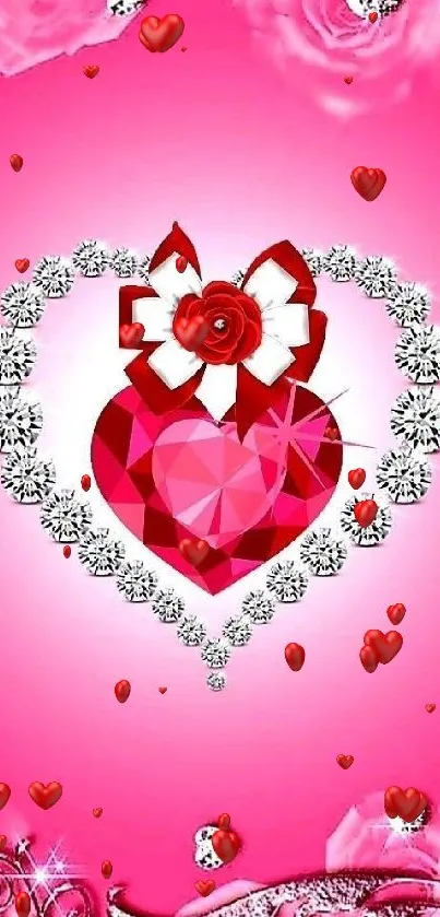 Romantic heart wallpaper with diamonds and pink roses.