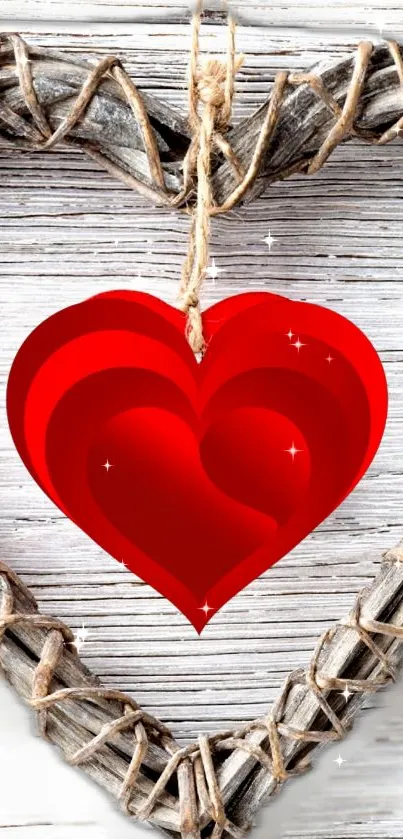 Red heart with wooden frame wallpaper.