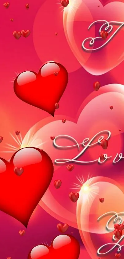 Romantic wallpaper with red hearts and love text design.