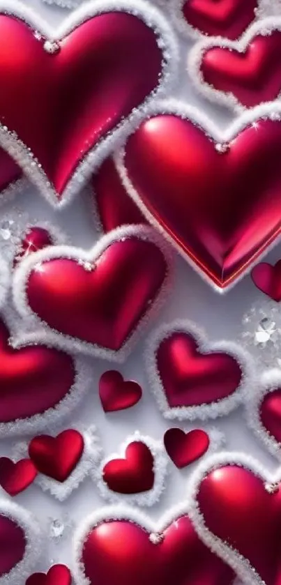 Red hearts with frosty borders wallpaper for mobile.