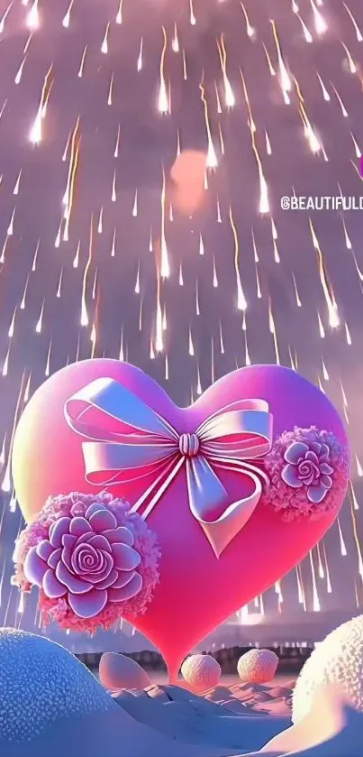 Pink heart with roses and bow in dreamy sky wallpaper.