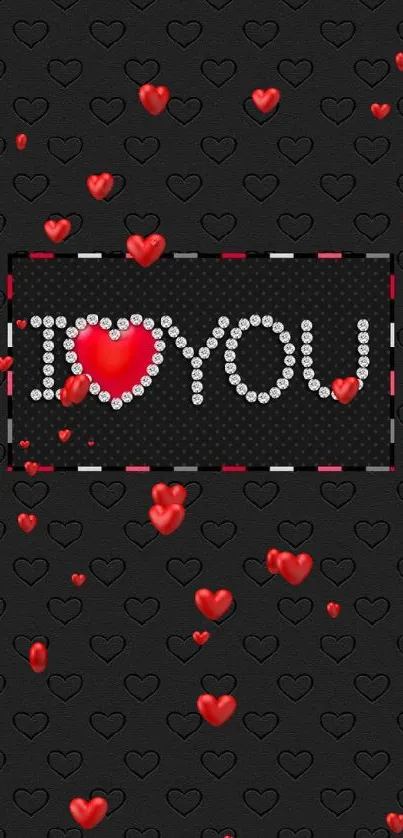 Romantic black and red heart wallpaper with 'I Love You' text.