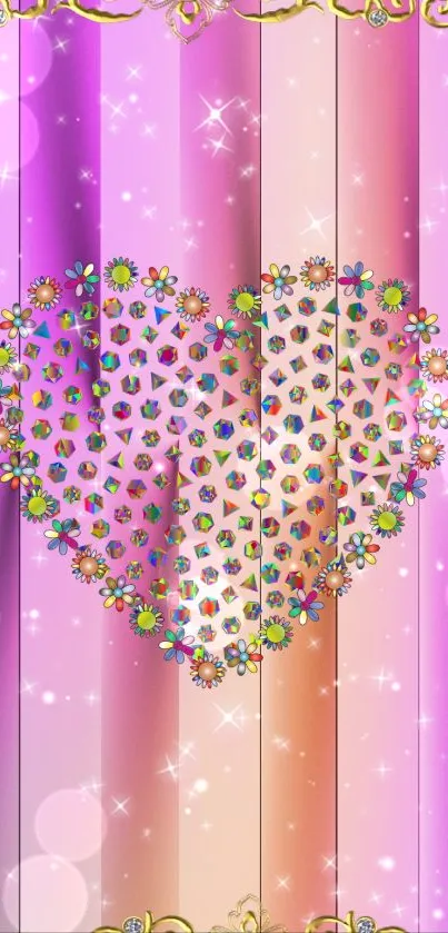 Heart with colorful flowers on pink gradient background.