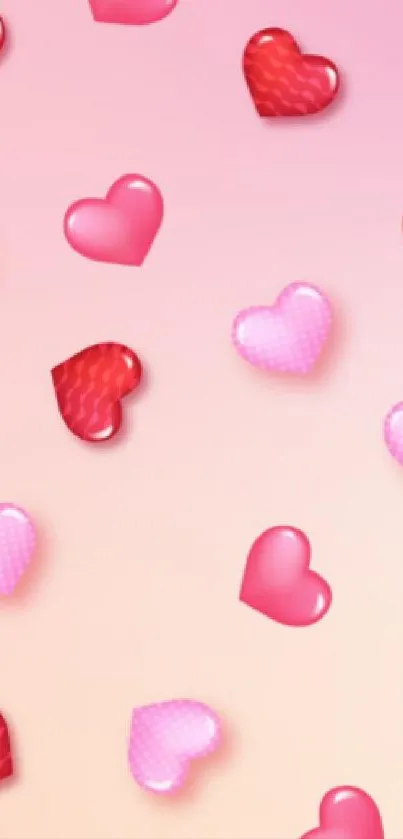 A romantic mobile wallpaper with pink hearts on a soft background.