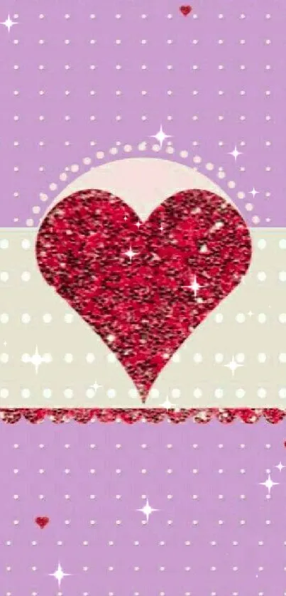 Lavender wallpaper with a glittery red heart.