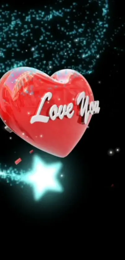 Glowing red heart with 'Love You' text and stars on black background.