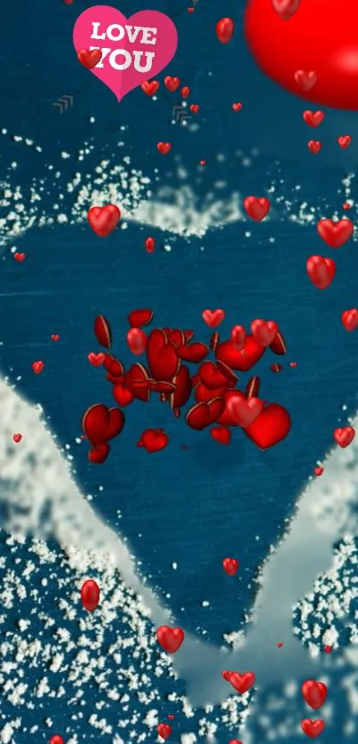 Heart-themed wallpaper with red hearts on blue background.