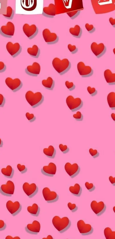 Pink wallpaper with scattered red hearts.