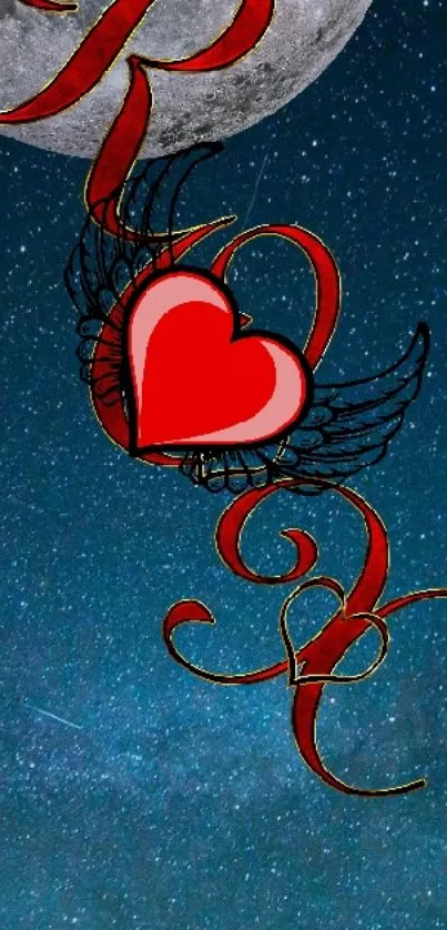 Romantic heart and moon wallpaper with red heart and wings.