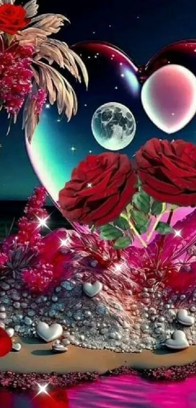 Romantic beach scene with roses and a heart under a moonlit sky.