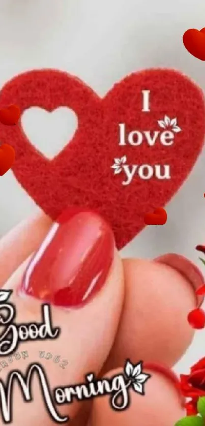 Romantic heart mobile wallpaper with 'I love you' message and red roses.