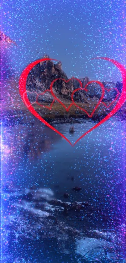 Romantic heart with mountain lake scenery wallpaper.