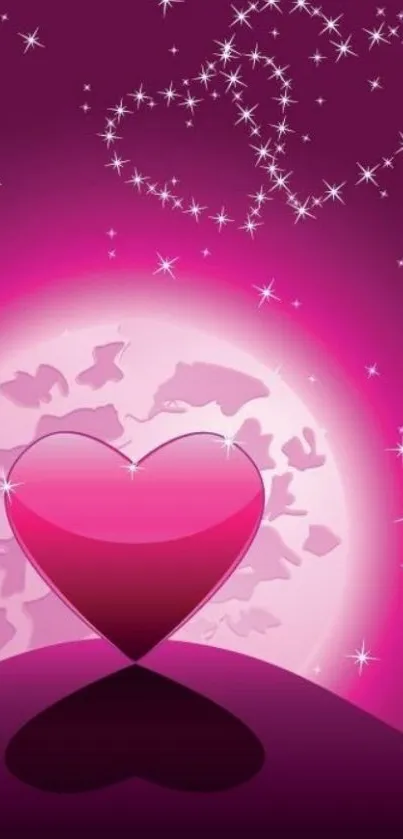 Romantic pink heart wallpaper with stars and glowing background.