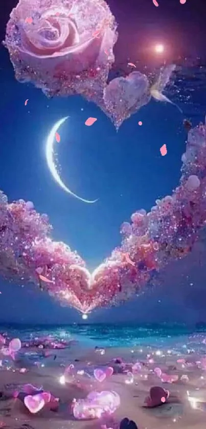 Heart-shaped pink clouds and crescent moon wallpaper.