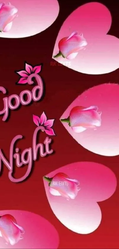 Heart-themed good night wallpaper with pink roses.