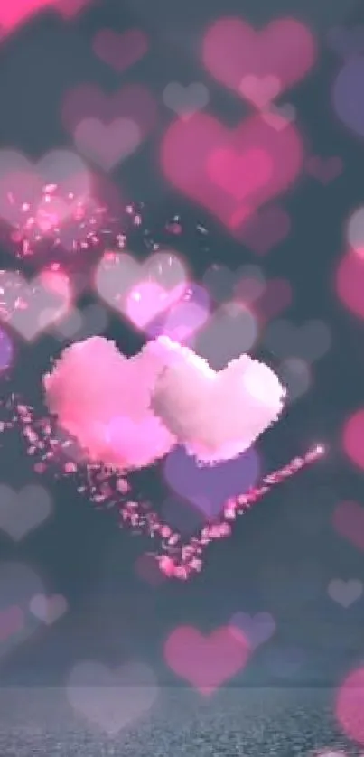 Two pink glowing hearts against a dark night sky wallpaper.