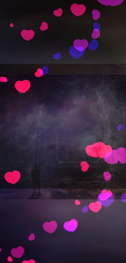 Romantic hearts floating in a mystical night landscape wallpaper.