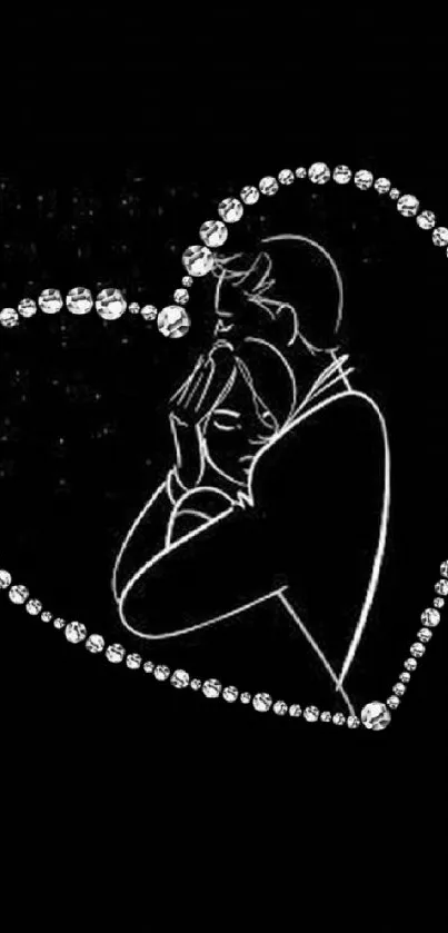 Romantic line art couple in diamond heart on black background.