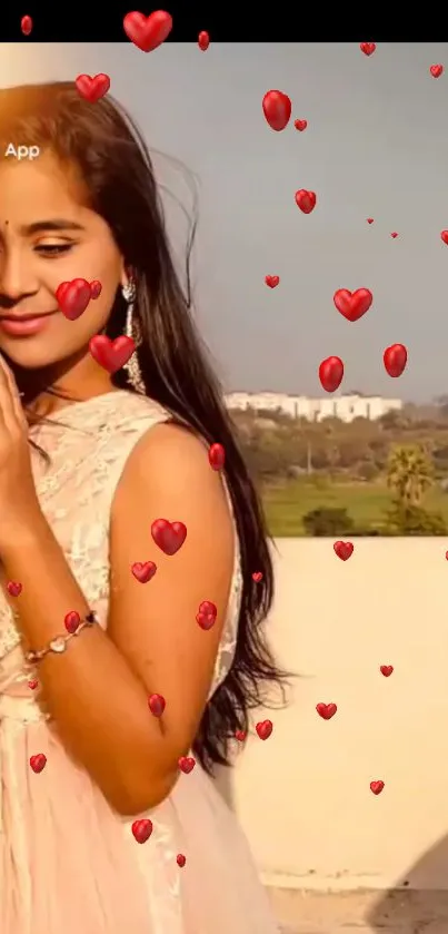 Woman with red heart overlay on soft cream backdrop.